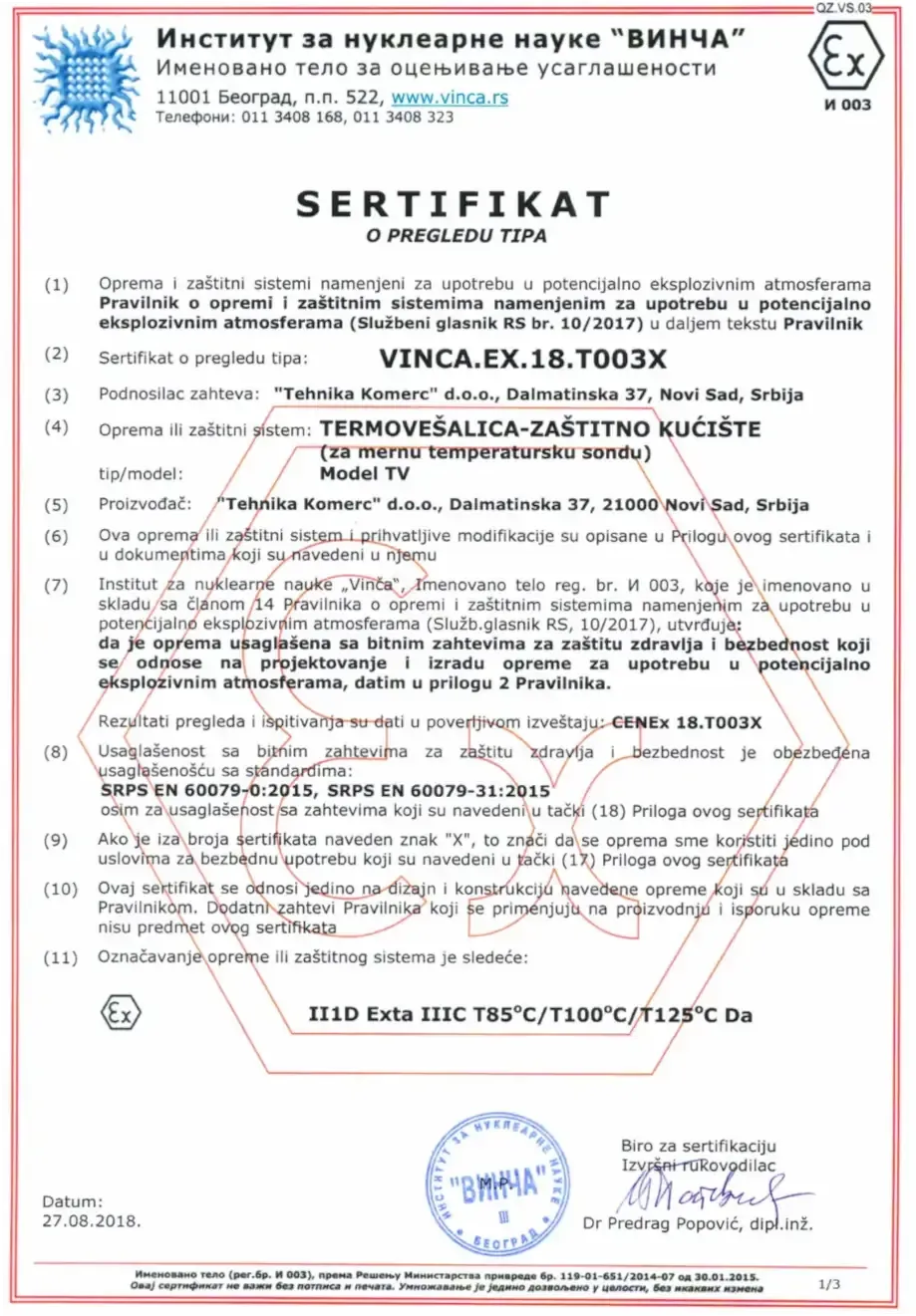 Type Inspection Certificate 'VINCA.EX.18.T003X' for the installation of silo thermometers in potentially explosive atmospheres